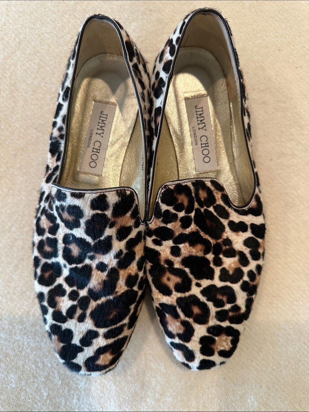 Jimmy Choo Wheel Leopard Print Pony Hair Flats in Black and Brown SZ 36